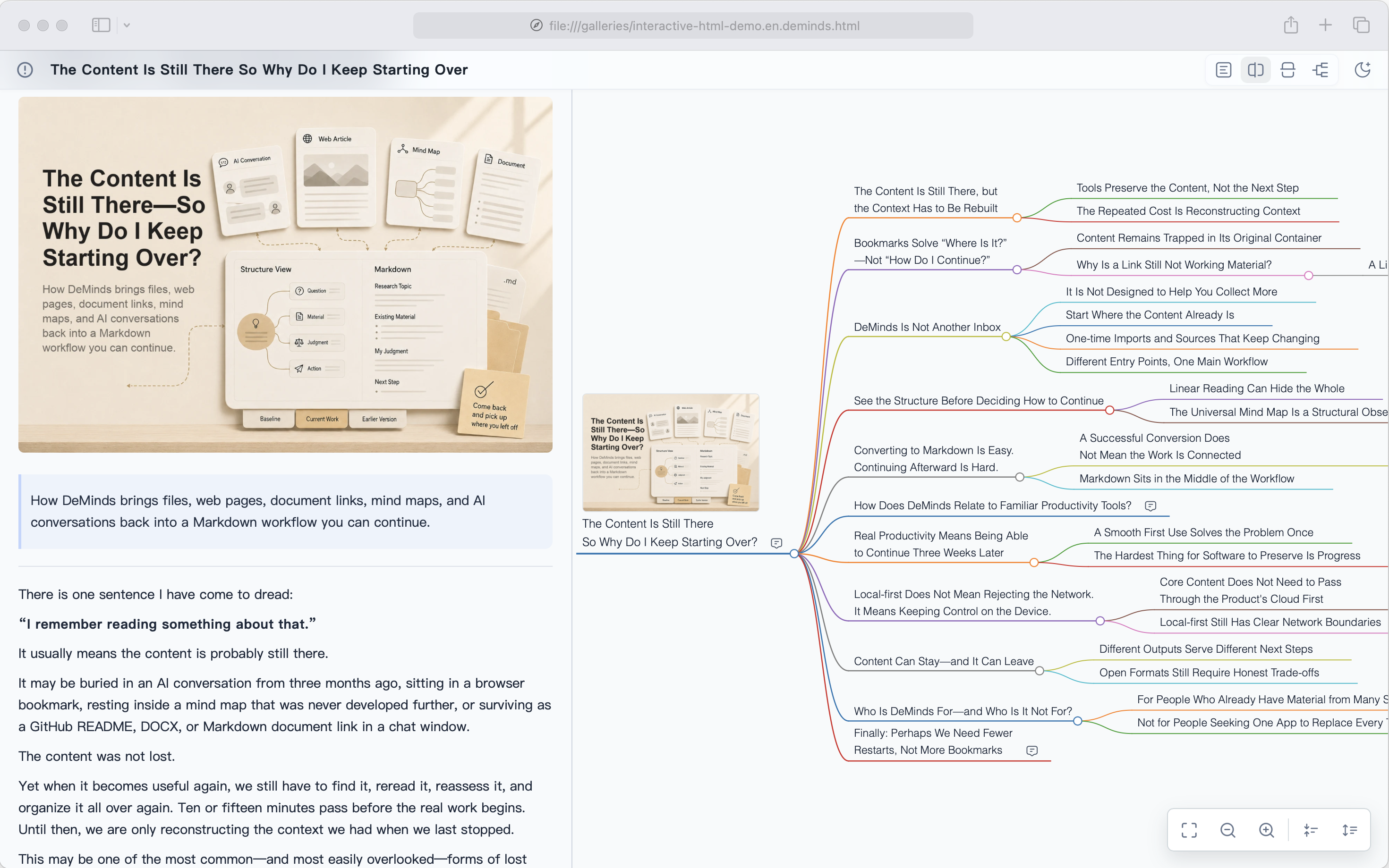 Interaktive Ansicht im geteilten Layout mit Dokument und Universeller Mindmap nebeneinander