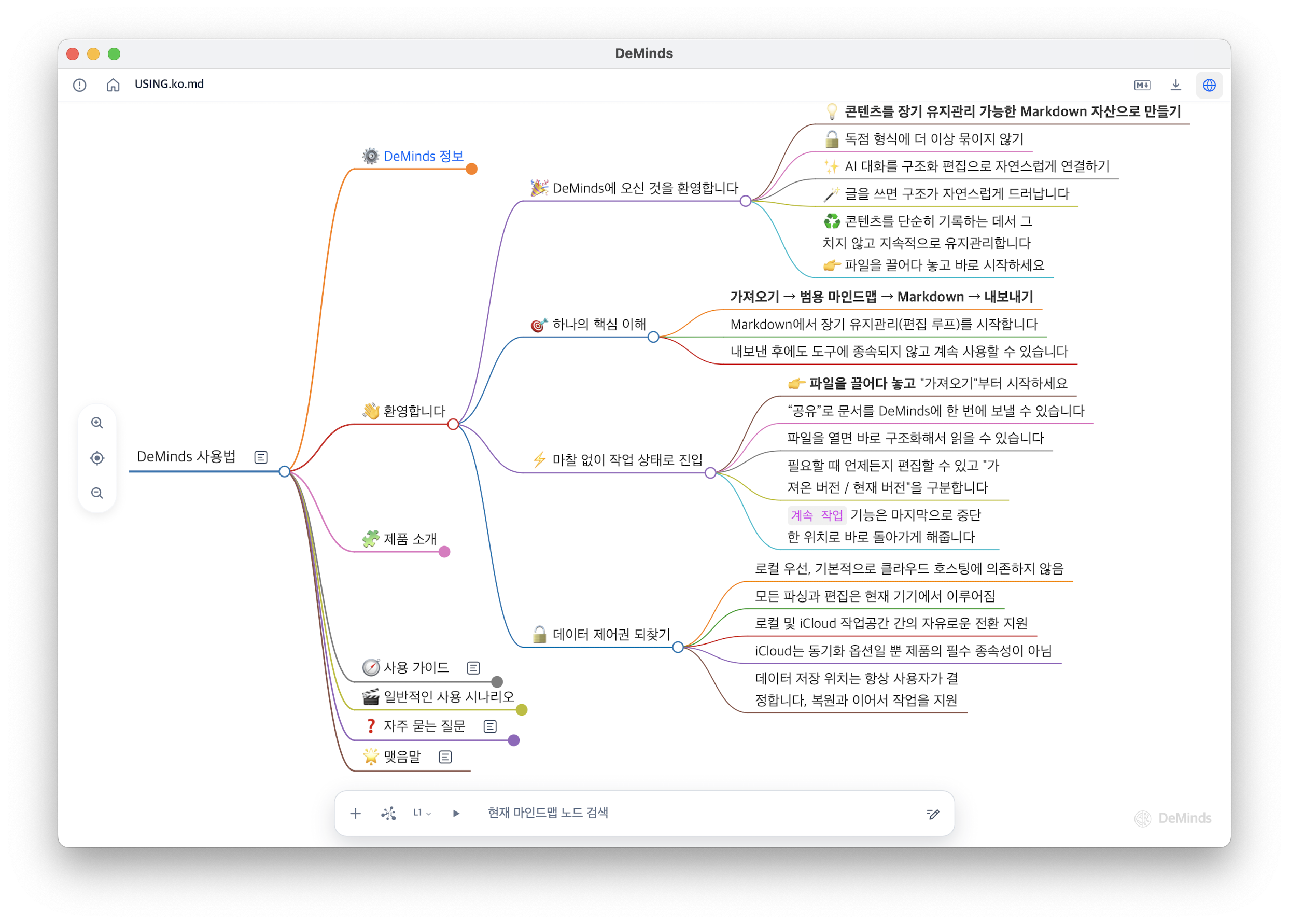 Markdown 문서를 구조화된 마인드맵으로 보여 주는 DeMinds 인터페이스.