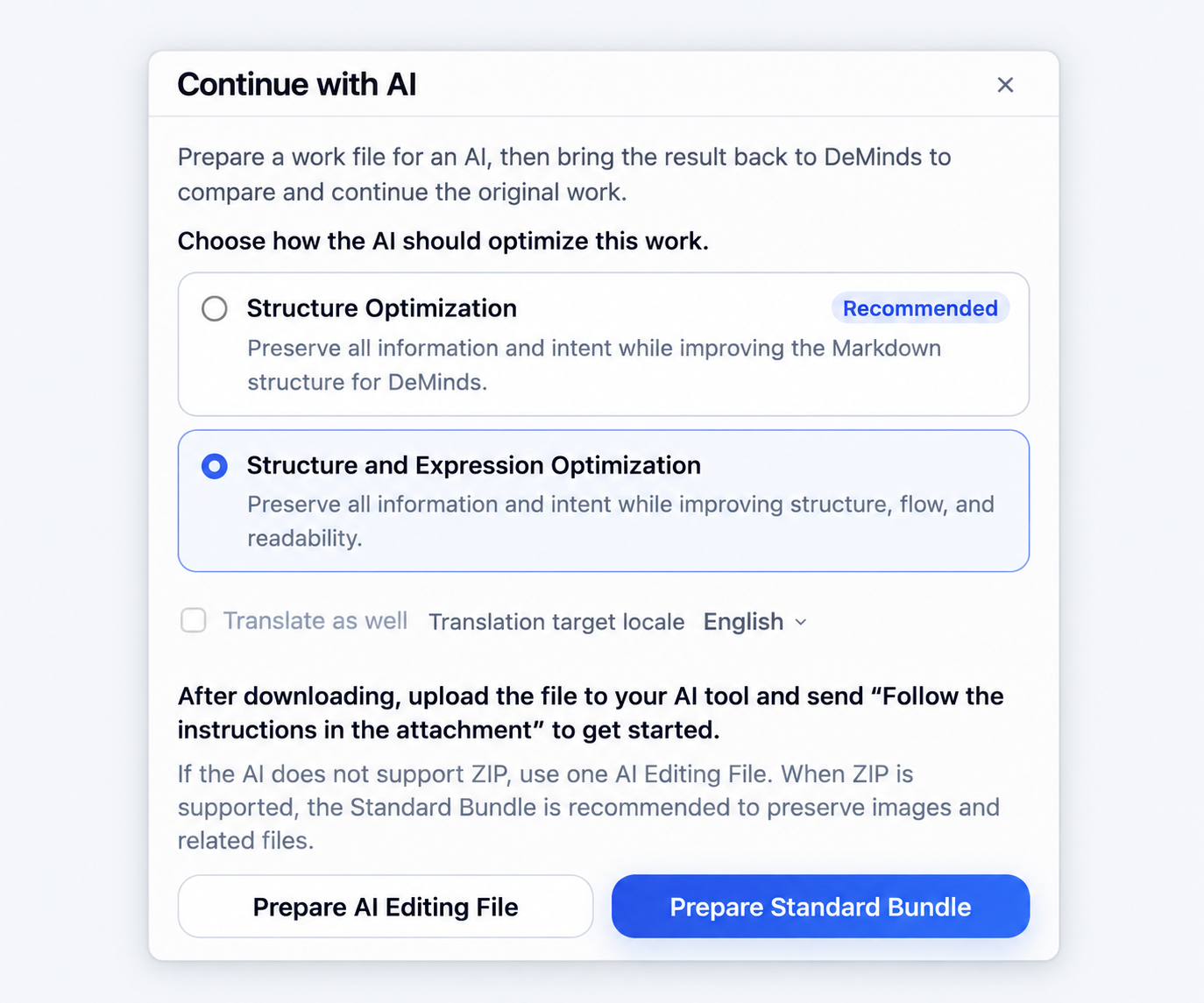 Choose the scope for this pass and prepare an AI Editing File or Standard Bundle. Structure and Expression Optimization is selected here.