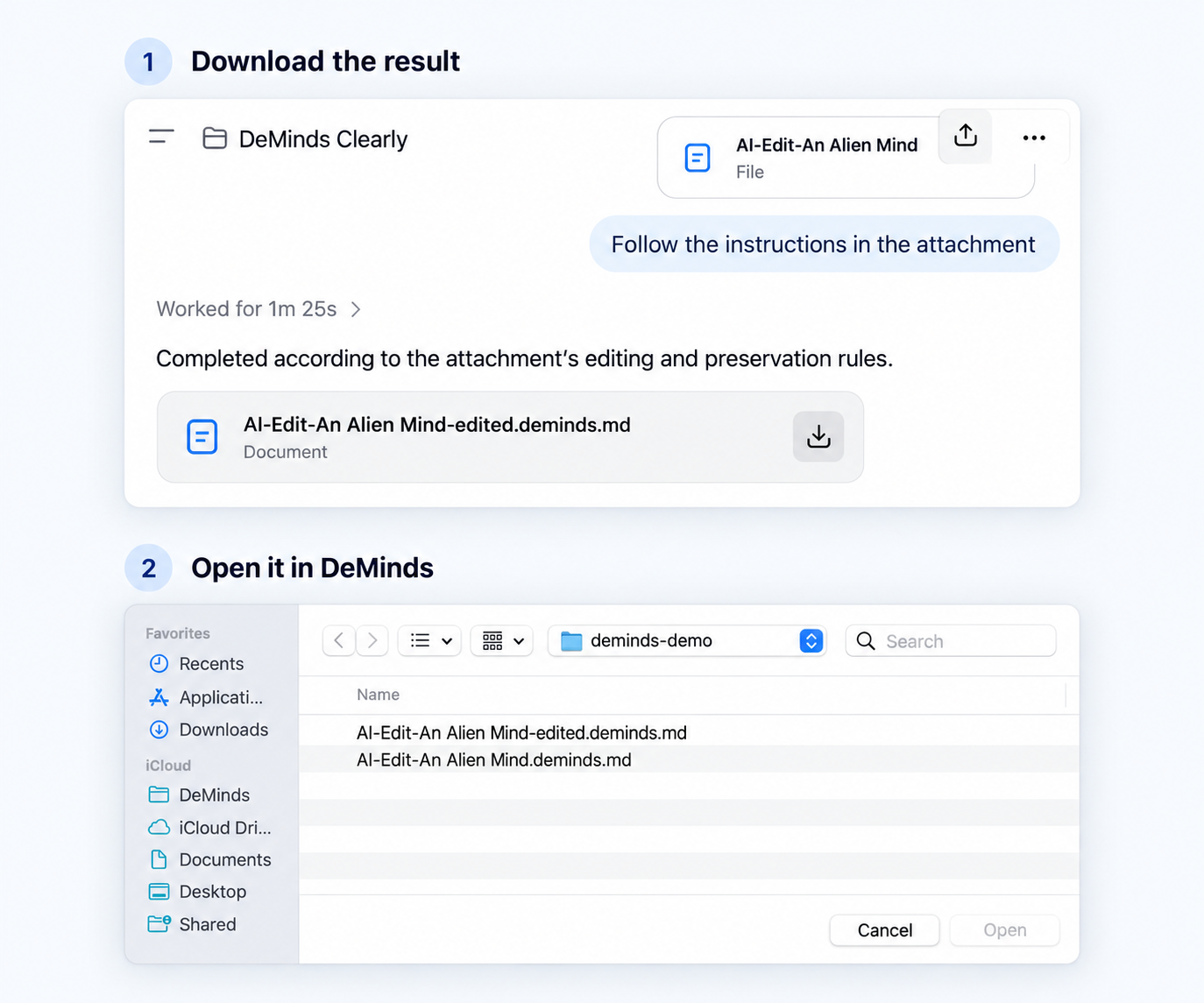 Download the complete returned file from your AI tool, then open it in DeMinds. ChatGPT is shown as one example.