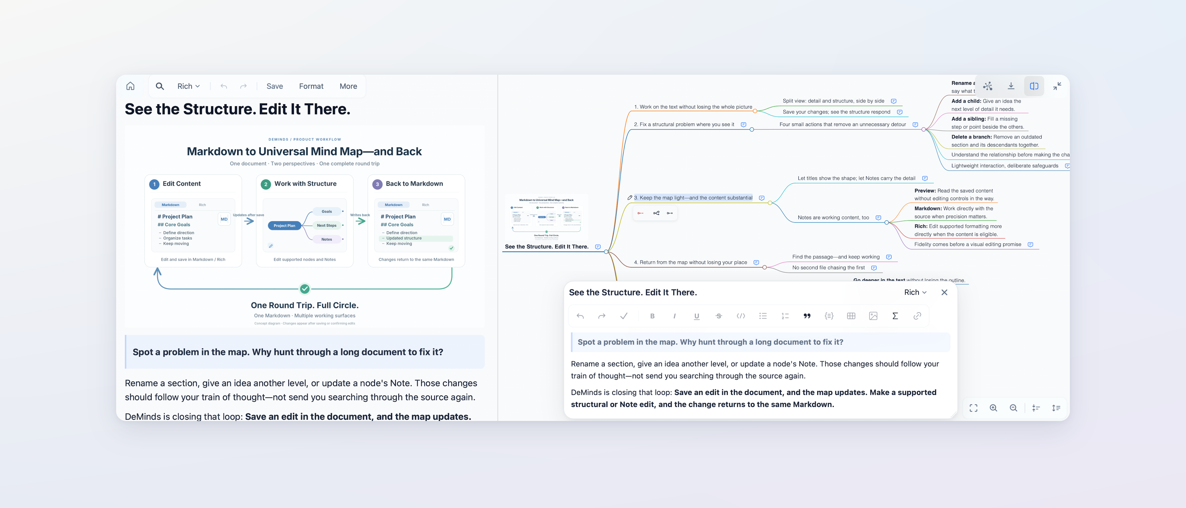 Modification de la structure dans DeMinds à côté du document Markdown